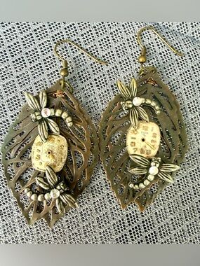 Steampunk Elgin Watch Face Dragonfly Leaf Earrings – Mixed Metal Art Jewelry